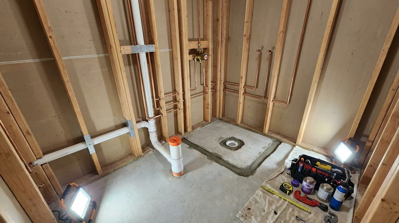 Bathroom rough-in plumbing during remodel by Johns Plumbing LLC in Kenwood