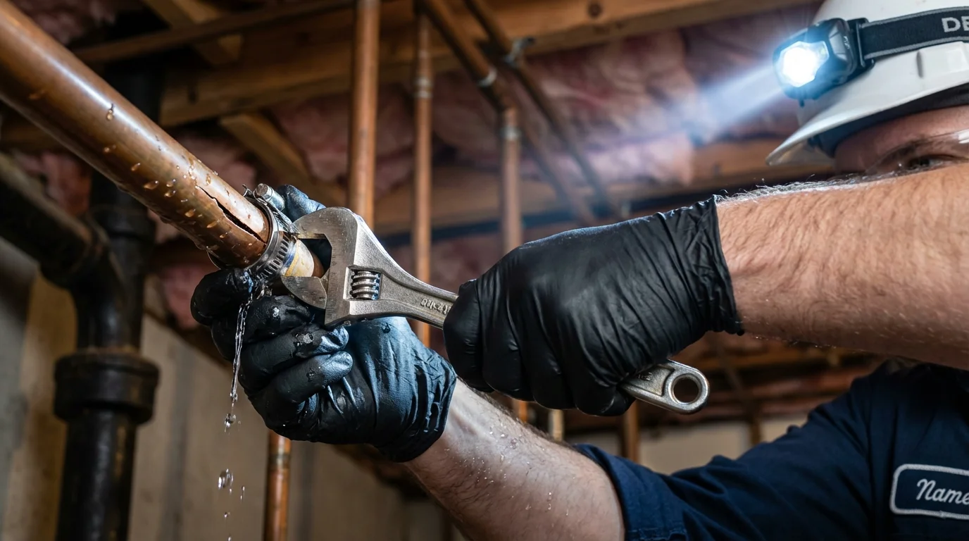 Emergency pipe clamp repair being performed by a Johns Plumbing LLC plumber in Kenwood