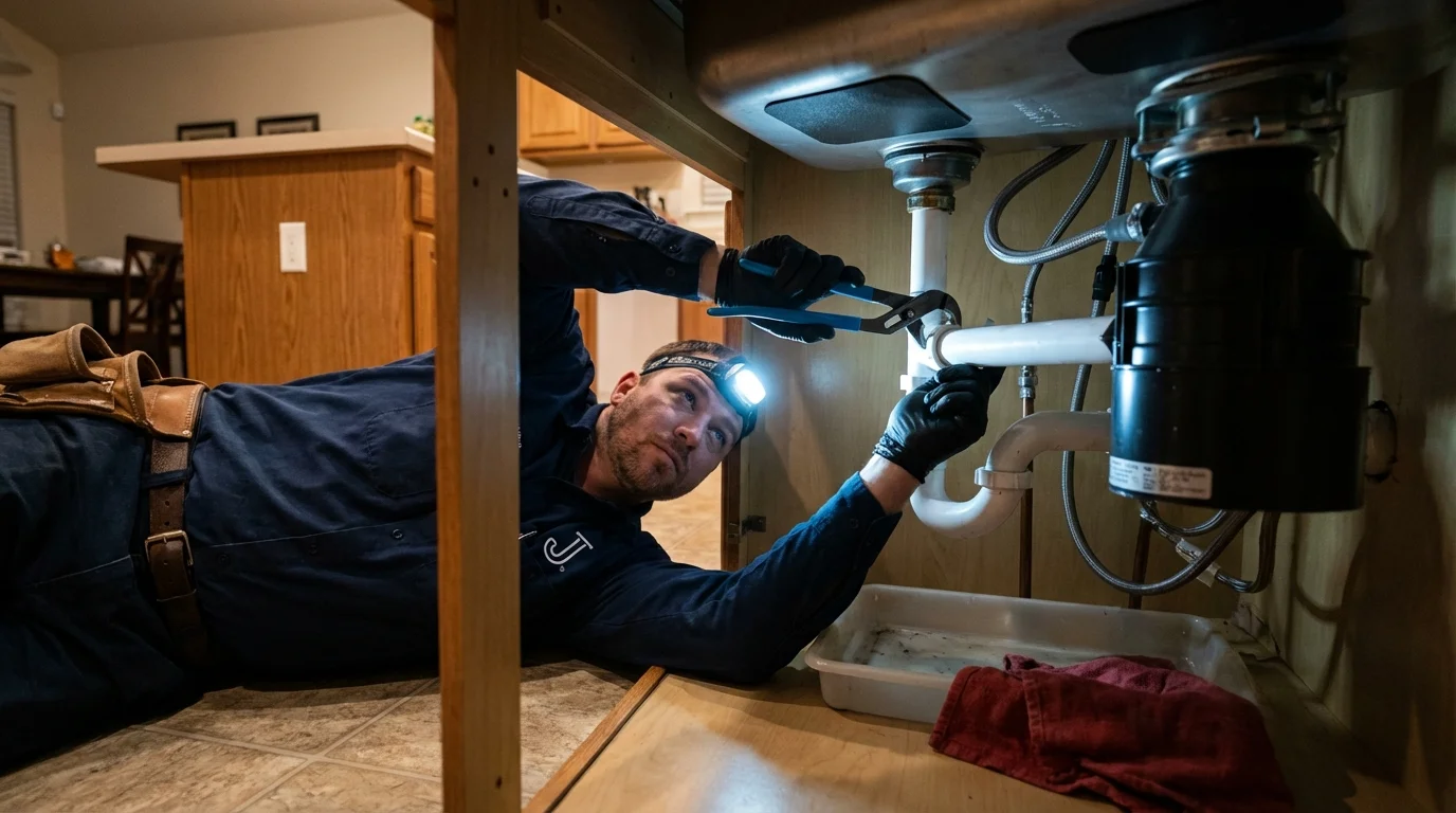 P-trap and supply line connections under a kitchen sink showing a common leak point in Kenwood, CA
